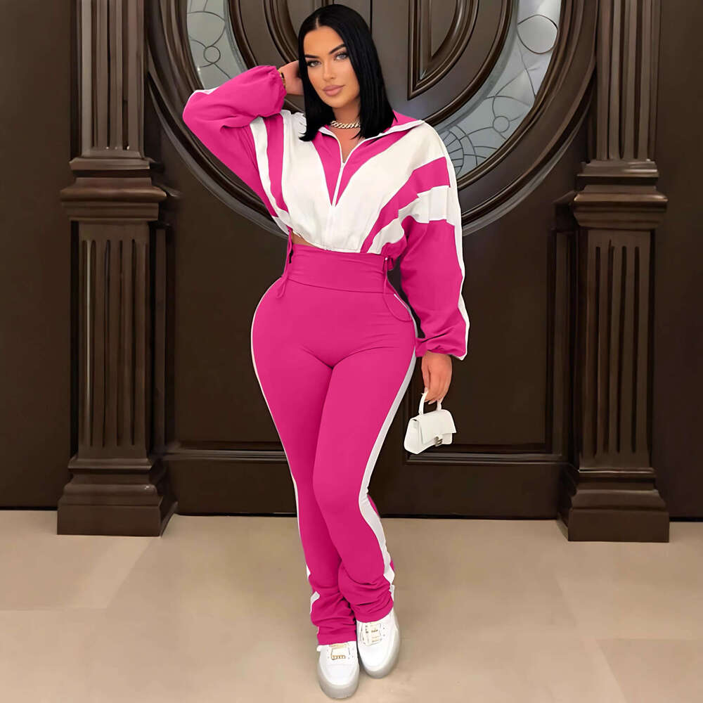 LuxuryColor Block Patchwork Sports Women's Fashion Casual High Waist Pants + Cardigan Jacket Two-Piece Set - view 6