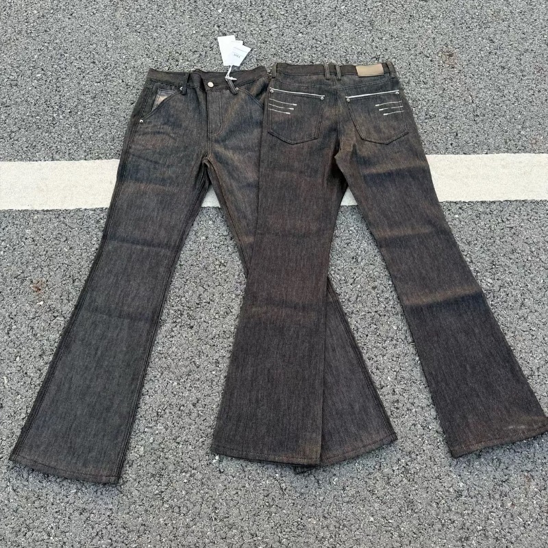 Four Line Narrow Width Stacking Designer Micro Flared Jeans Luxurious Black Embroidery Men's And Women's Slimming Straight Leg Casual Pants  - view 3