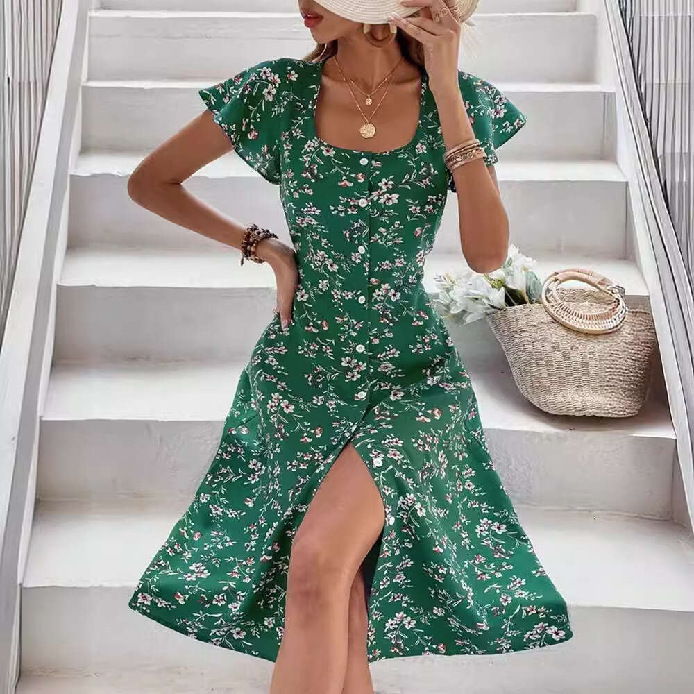 In Stock Women Floral Square Neck Button Dress Fashion Casual Summer Midi Dress Amazon Wish Hot Selling Outfit MAKOUFEI