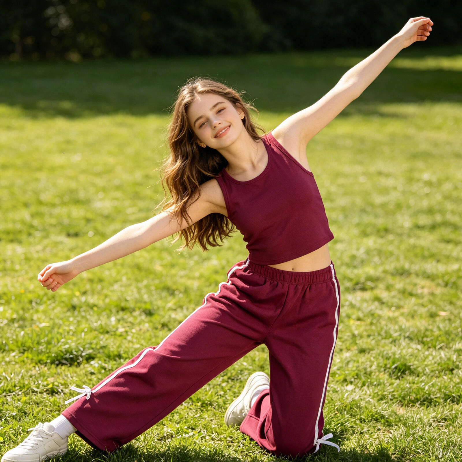 Kids Girls Burgundy Soft Fleece Pants with White Side Stripe & Bow Detail, Casual Elastic Waist Trousers