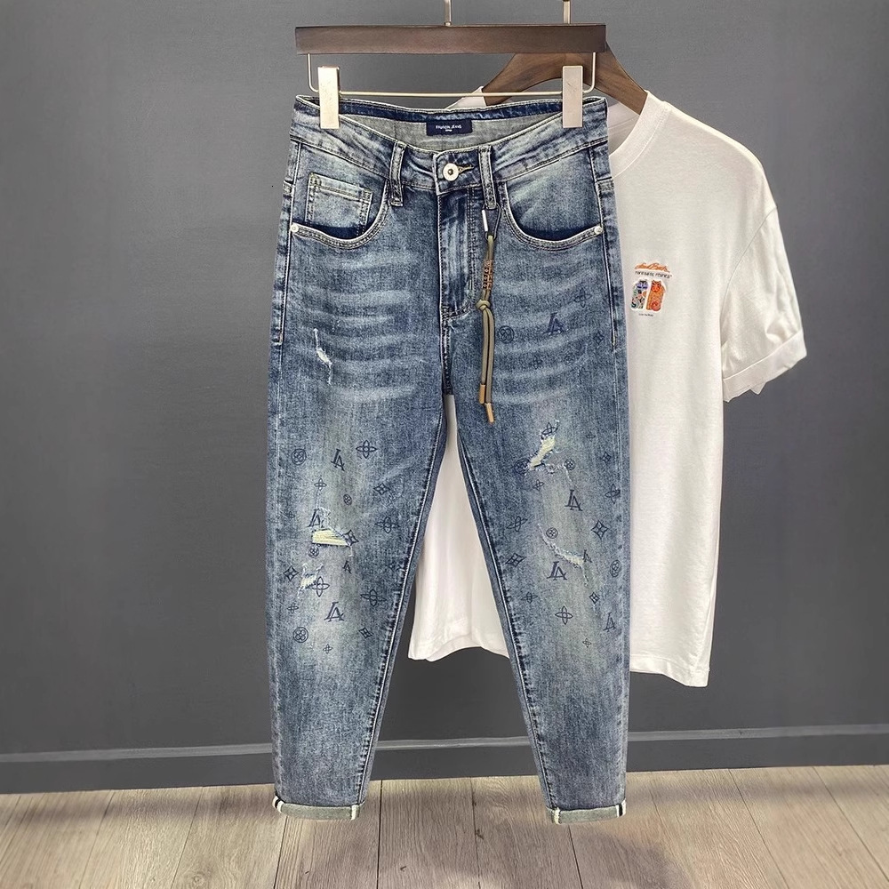 Vintage Distressed Patch Designer Jeans Luxuriy Men's Slim Fit Loose High-end Elastic Cropped Pants Youth Street Fashion Brand Basic Sports And L