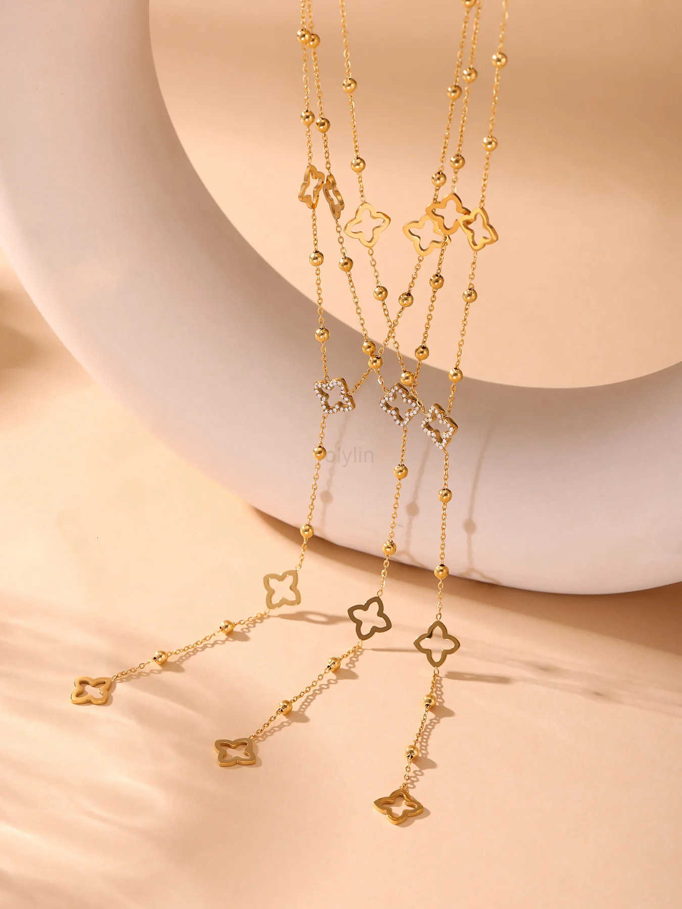 Nivora Gorgeous Luck Clover Zircon Long Chain Stainless Steel Necklaces For Women Metal Female Collar Wedding Banquet Jewelry H260420 - view 6