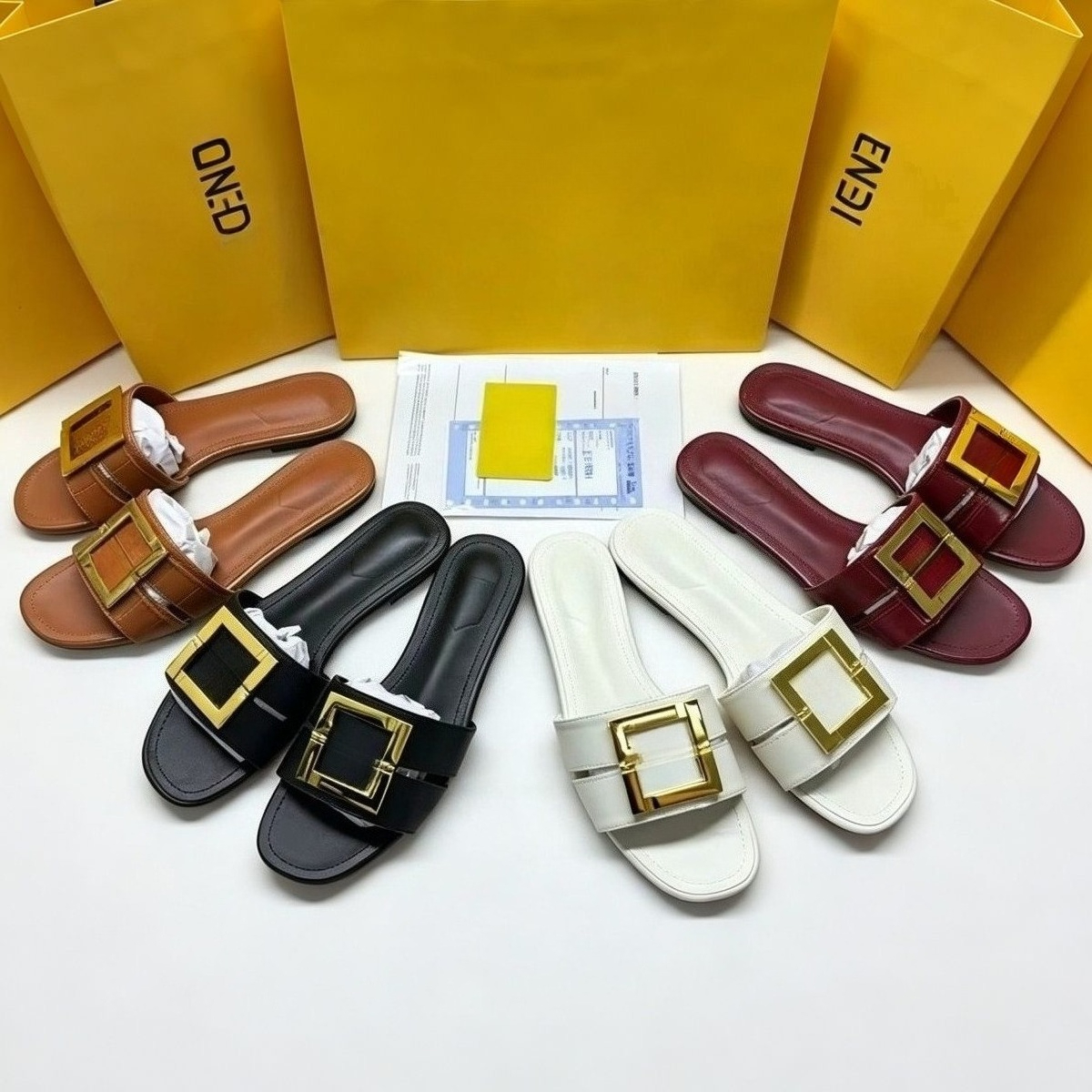 F Designer Shoes Women's Fashion Slides Sandals, Luxury Metal Buckle Flat Slippers, Casual Open Toe Leather Mules, Summer Beach Shoes for Ladies Gift Plus Size 35-42