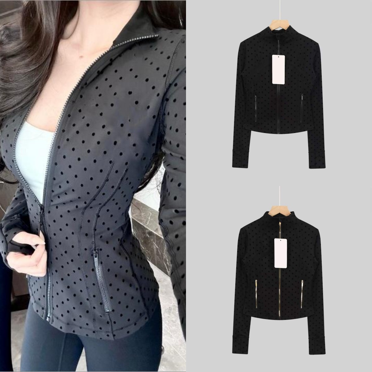 Designer womenyoga Black Polka Dots Full Zip Yoga Jacket Running Track Jacket Qucik Dry Lightweight Athletic Slim Fit Jacket Sports Jackets