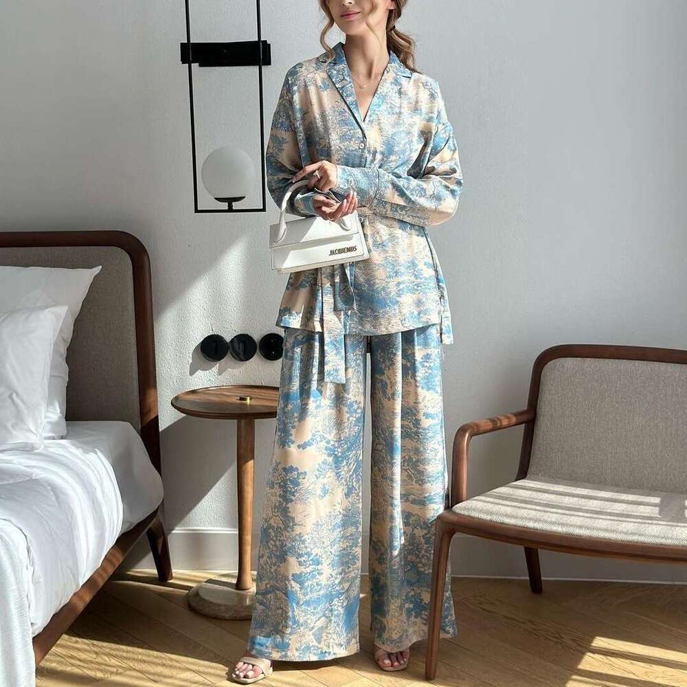 Spring Summer French Style Printed Tie Up Shirt & High Waist Wide Leg Pants Set Women Fashion Casual Two Piece Outfit Ready To Ship MAKOUFEI