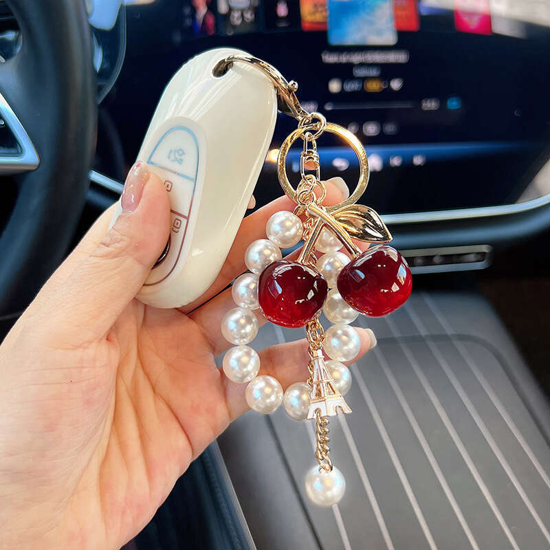 Fashionable Faux Pearl Chain Pendant, Charming Double Cherry Car Keychain Gift Women, Sparkling With A White Iron Tower, Suitable For Commuting And Sc