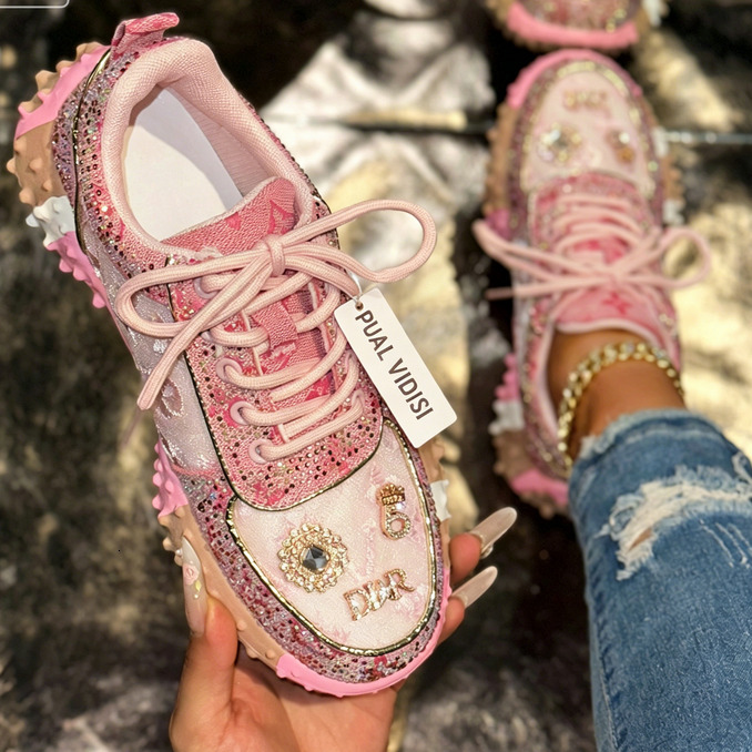 Designer Rhinestone Chunky Sneakers Sparkly Platform Dad Shoes for Women European Style Street Fashion New Summer Thick Sole Casual Sports Rhinestone 