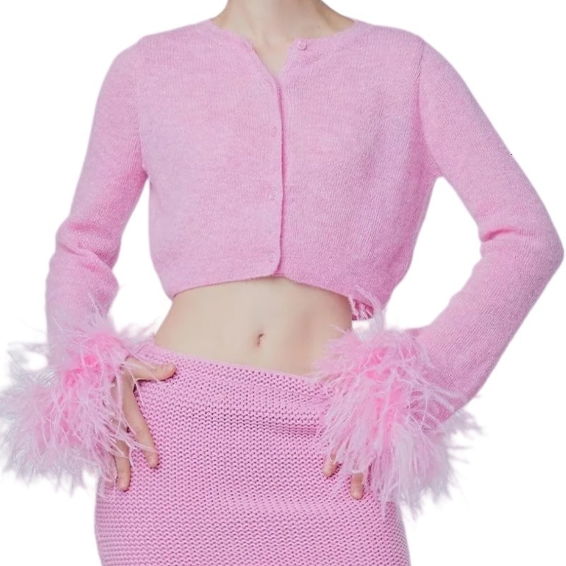 Autumn Short Style Trendy Knit Cardigan for Women with Stylish Cuffs and Furry Trim Slim Fit Button Top 240911