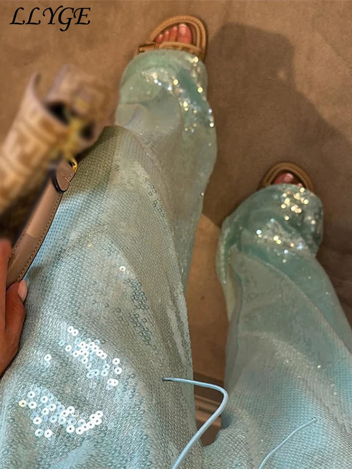 Street Sequin Lace Up Pants Women Elastic Low Waist Wide Leg Trousers Female Spring Summer Lady Shiny Party Club Clothes 260418