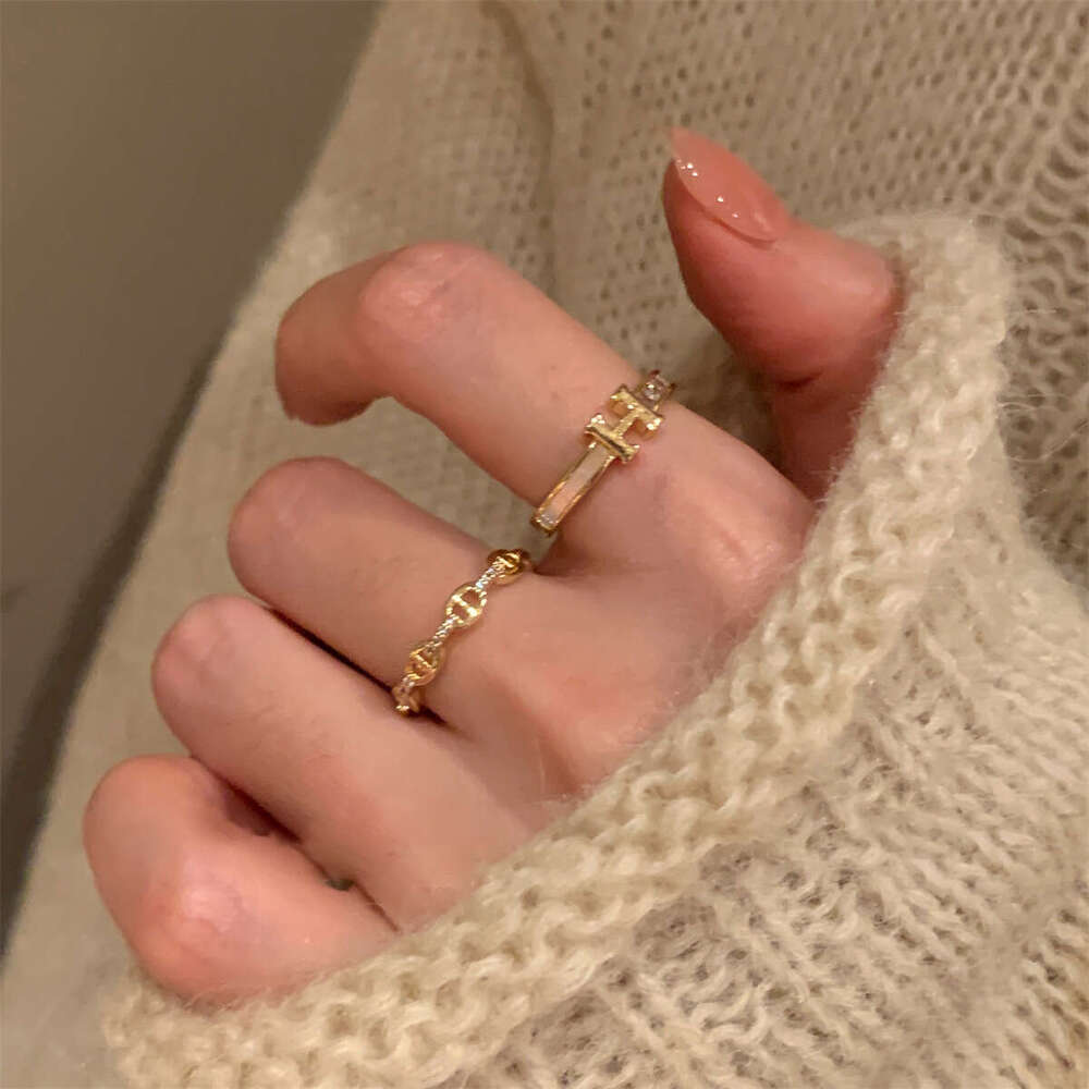 Ring Gold Plated Pig Nose Cubic Zirconia Splicing Open Light Luxury Niche Temperament Index Finger H Letter Adjustable for Daily Wear Gift High Qualit