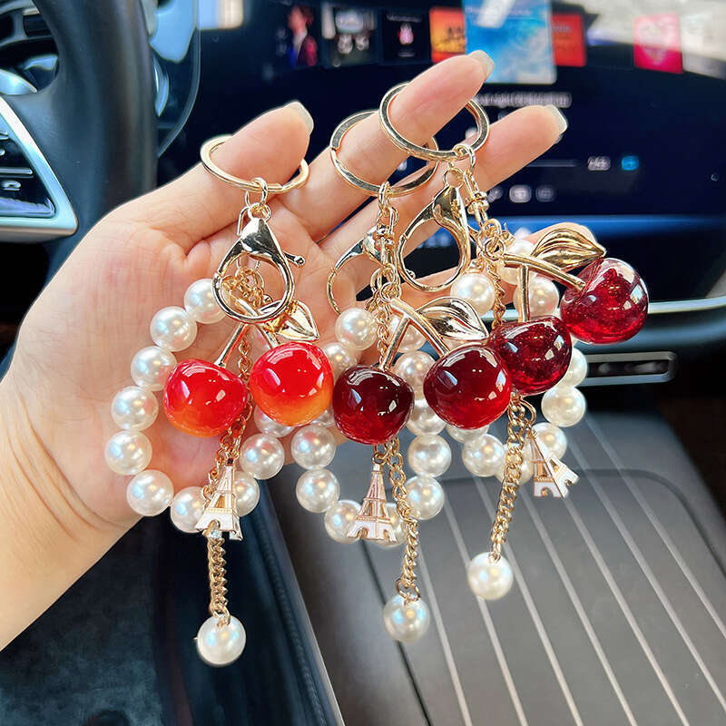 Fashionable Faux Pearl Chain Pendant, Charming Double Cherry Car Keychain Gift Women, Sparkling With A White Iron Tower, Suitable For Commuting And Sc