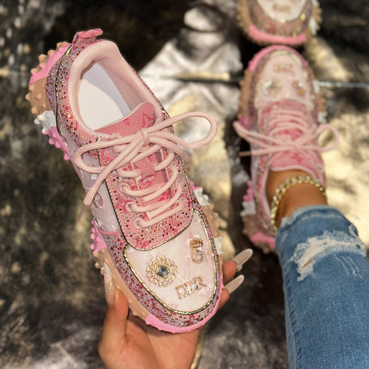Designer Rhinestone Chunky Sneakers Sparkly Platform Dad Shoes for Women European Style Street Fashion New Summer Thick Sole Casual Sports Rhinestone 