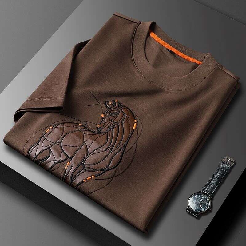 Xiu Ma Jia~New Product: Horse Leather Patch Embroidered Fashion Casual Men's Niche Stylish Tencel Cotton Round-Neck Short-Sleeve T-Shirt Asia Siz