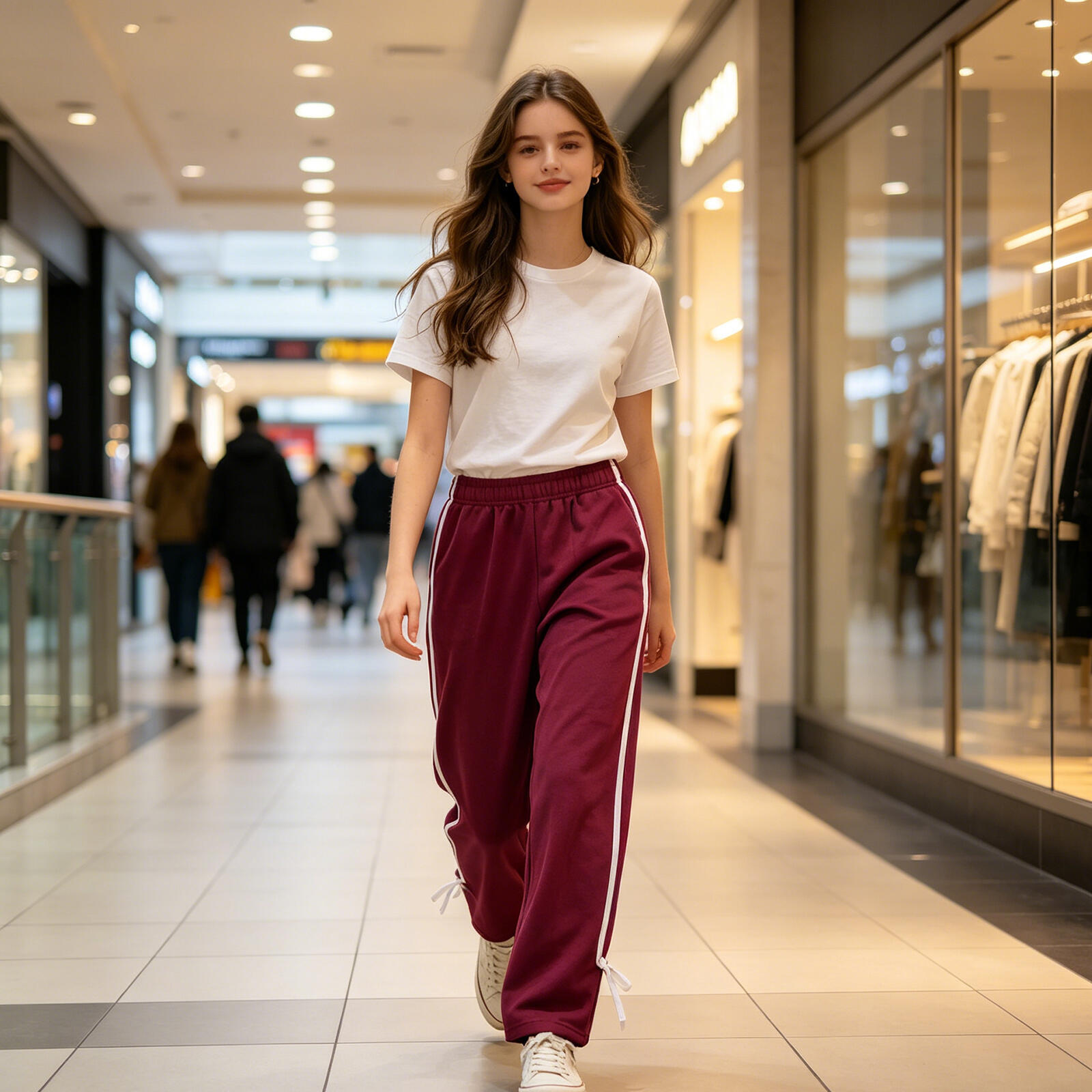Kids Girls Burgundy Soft Fleece Pants with White Side Stripe & Bow Detail, Casual Elastic Waist Trousers