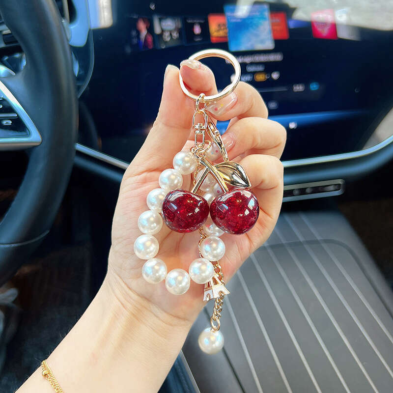 Fashionable Faux Pearl Chain Pendant, Charming Double Cherry Car Keychain Gift Women, Sparkling With A White Iron Tower, Suitable For Commuting And Sc