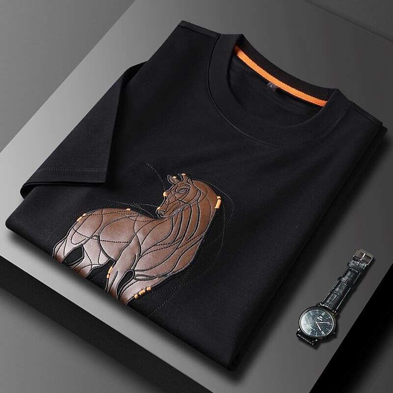 Xiu Ma Jia~New Product: Horse Leather Patch Embroidered Fashion Casual Men's Niche Stylish Tencel Cotton Round-Neck Short-Sleeve T-Shirt Asia Siz