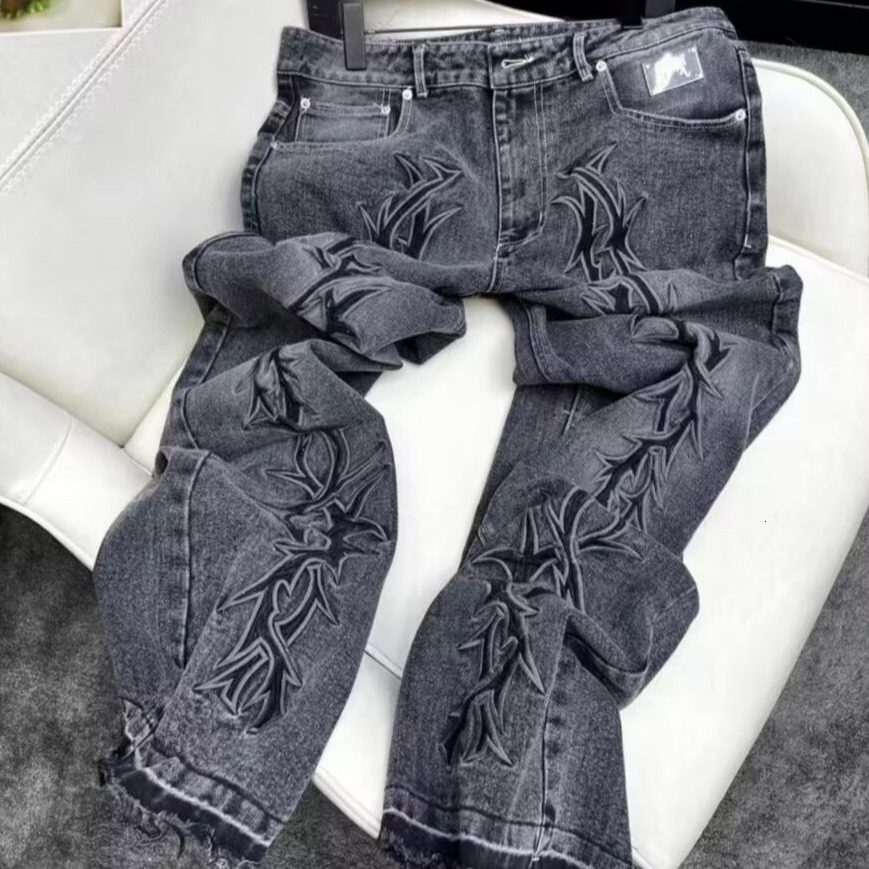 American Grid Hot Stamping Designer Loose Jeans Luxurious Men's Straight Tube Splicing Splashed Ink Micro Horn Pants Street Hip-hop Retro Youth S