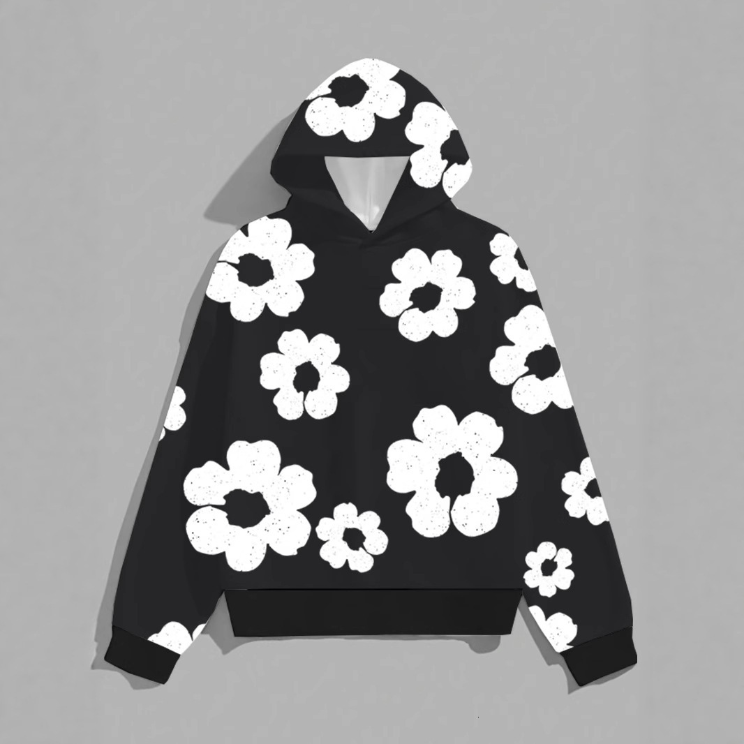 luxurious brand designer mens colormatched casual fashionable black hooded sweatshirt simple white flower pattern new style for men
