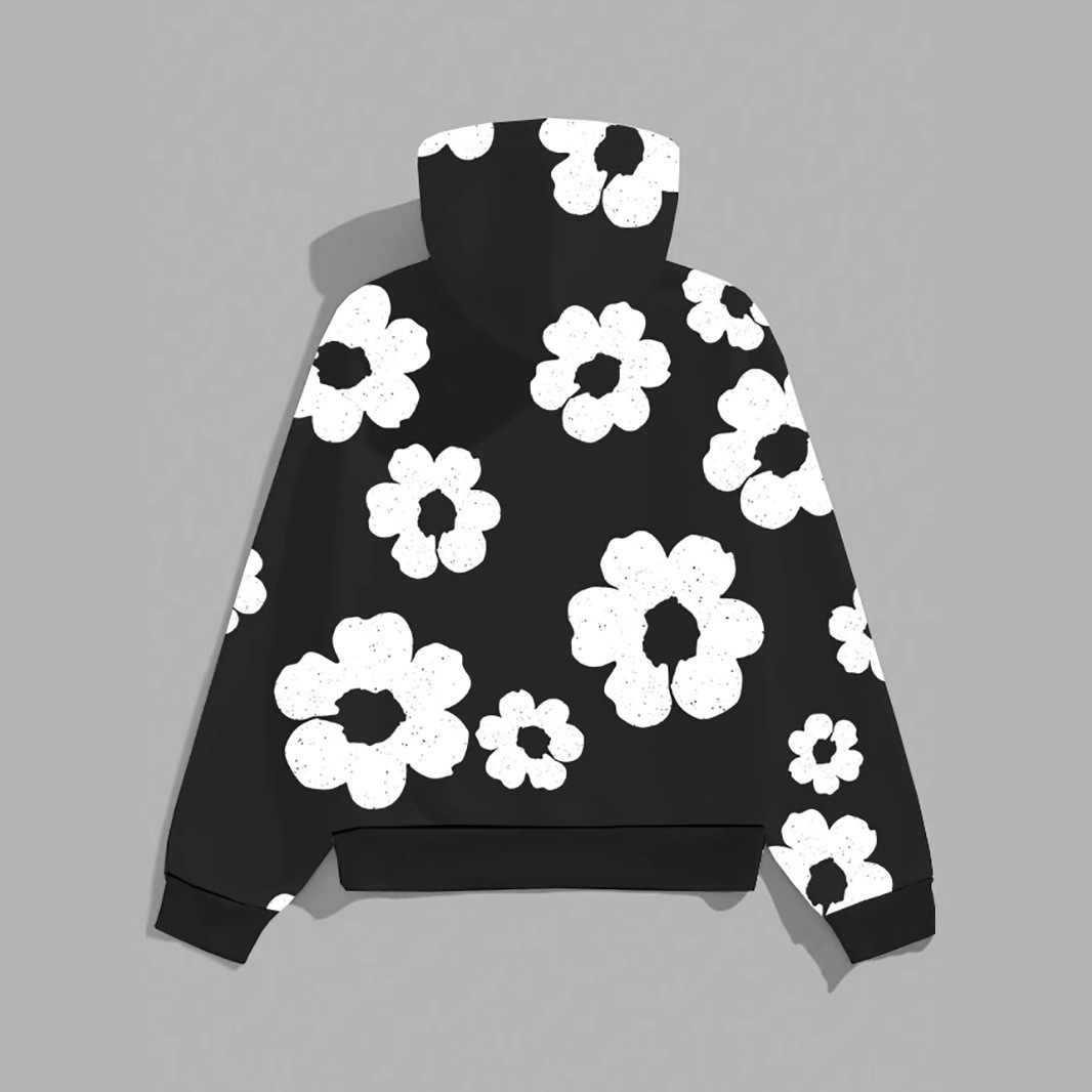 luxurious brand designer mens colormatched casual fashionable black hooded sweatshirt simple white flower pattern new style for men