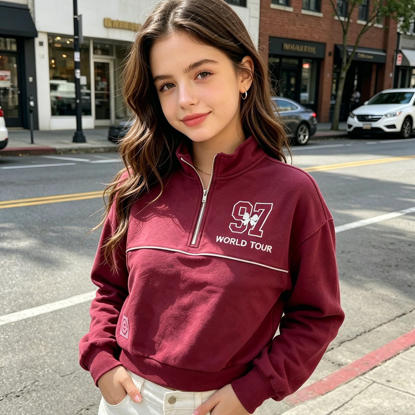Kids Girls Pink Half Zip Sweatshirt, "97 WORLD TOUR" City Print Pullover with Bow Detail