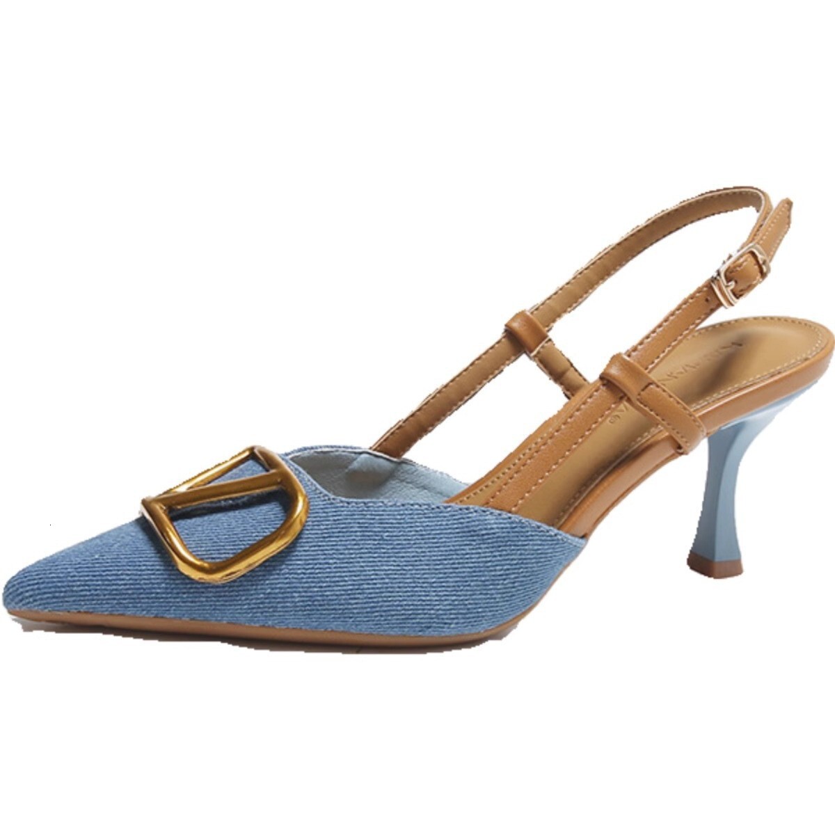 Women's Denim Pointed Toe Heels Metal Buckle Elegant Pointed High-End Toe Stiletto Heels Versatile Denim Fabric High Heel Sandals big size