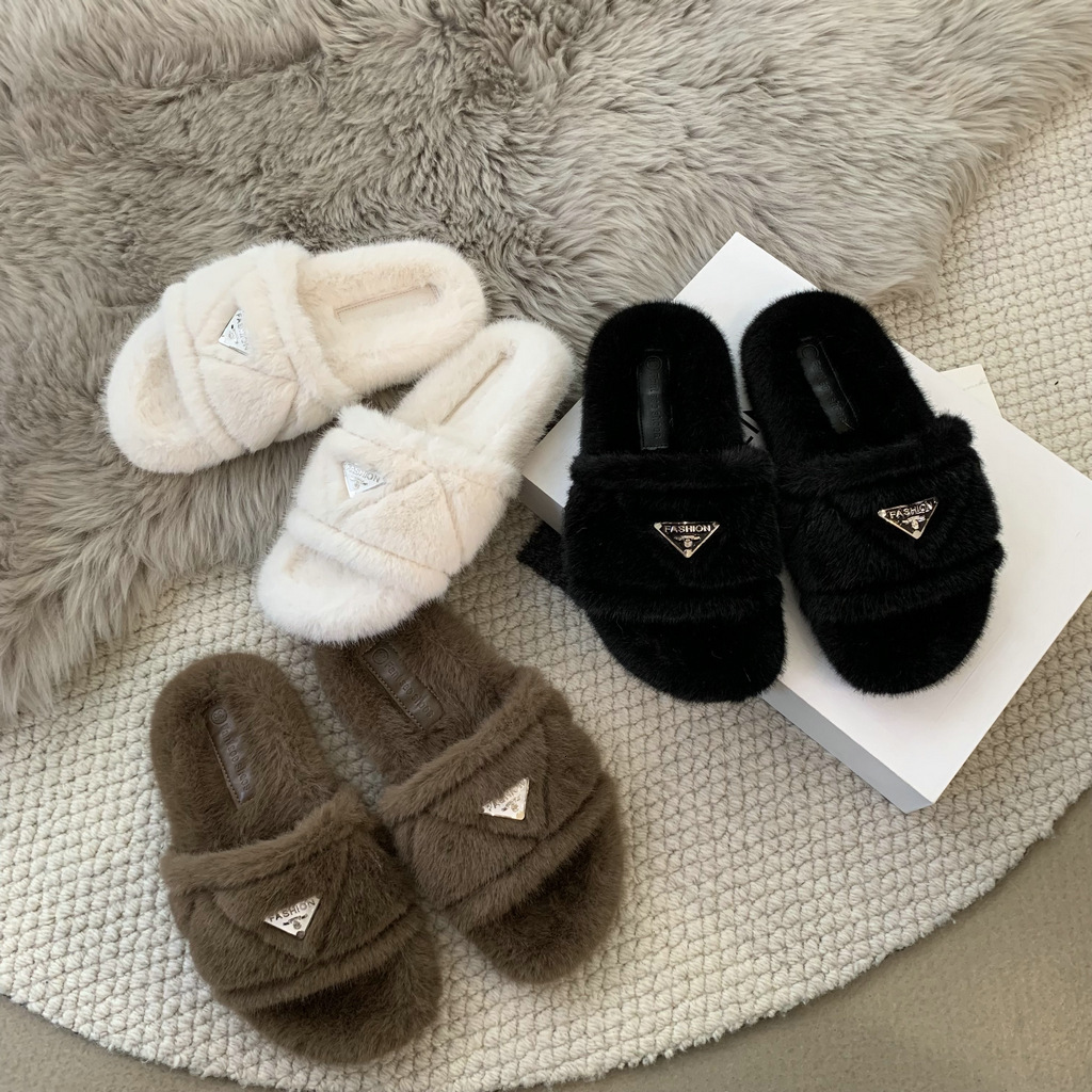 Thick-Soled French-Style Furry Shoes Women, Suitable For Outdoor Wear New Autumn And Winter Warm Cotton Slippers