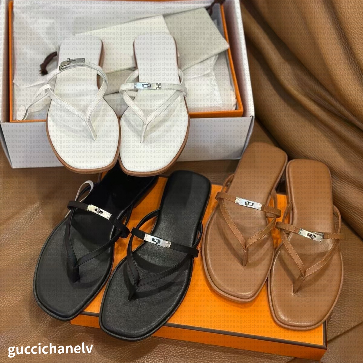 New Palladium Plated Buckle Flat Miss Sandal Women Luxury Flip Fops Real Leather Minimalist Womens Sandals Womens Classic Buckle Casual Walking Slide Beach Shoes