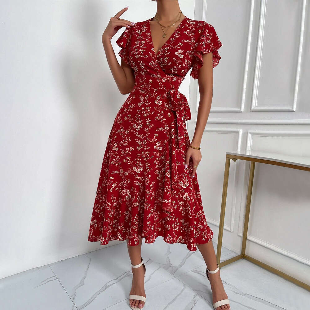 Women Sexy Deep V Lace Up Floral Maxi Dress Fashion High Waist Cinch Vacation Beach Party Long Dress Summer Hot Sale MAKOUFEI