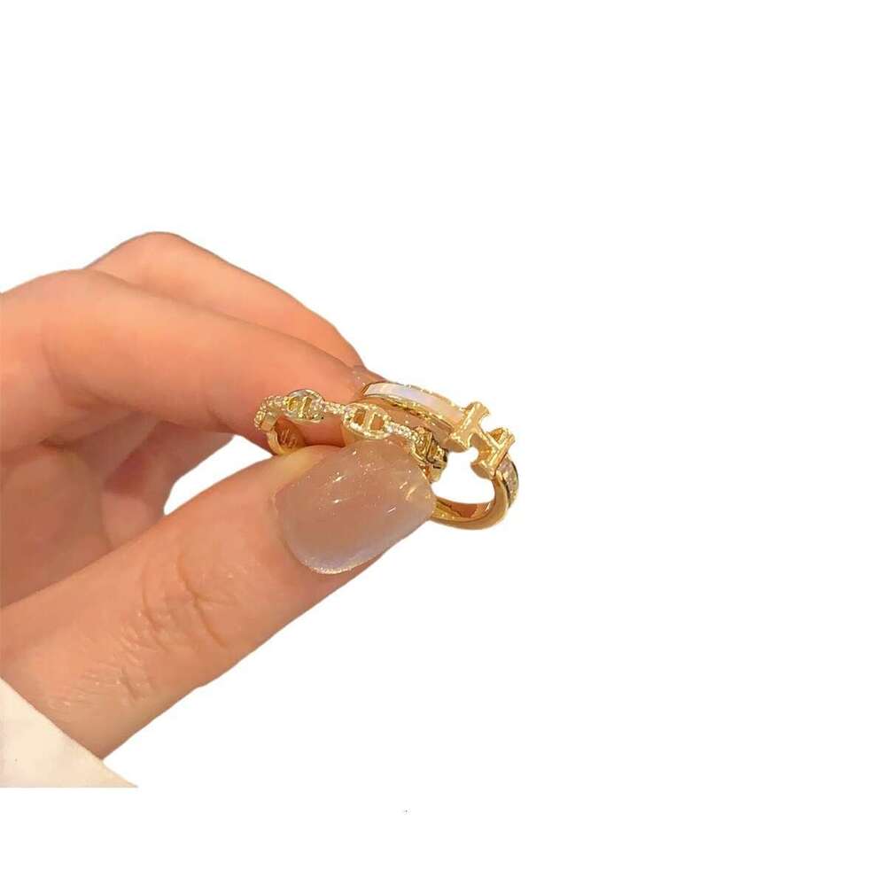 Ring Gold Plated Pig Nose Cubic Zirconia Splicing Open Light Luxury Niche Temperament Index Finger H Letter Adjustable for Daily Wear Gift High Qualit