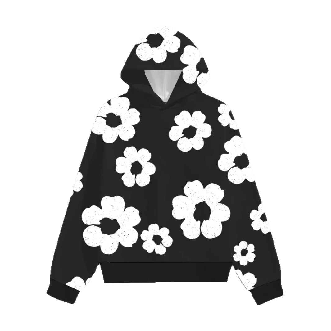 luxurious brand designer mens colormatched casual fashionable black hooded sweatshirt simple white flower pattern new style for men