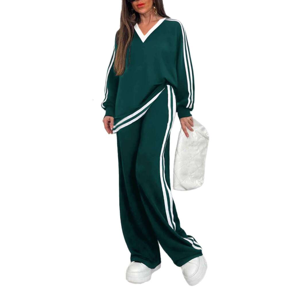 Luxury Autumn/Winter European And American Cross-Border Fashion Casual V-Neck Striped Long-Sleeve Pants Set New Round-Neck Women's Outfit - view 6