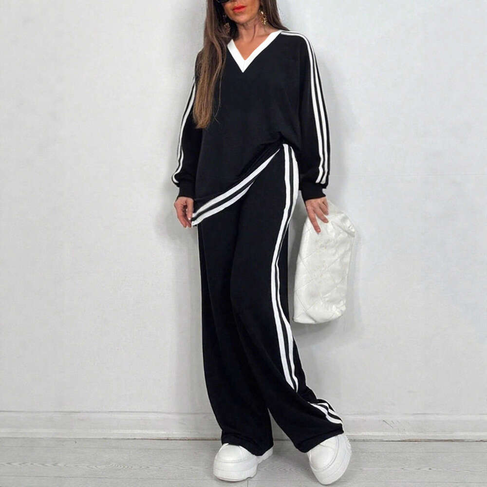 Luxury Autumn/Winter European And American Cross-Border Fashion Casual V-Neck Striped Long-Sleeve Pants Set New Round-Neck Women's Outfit - view 3