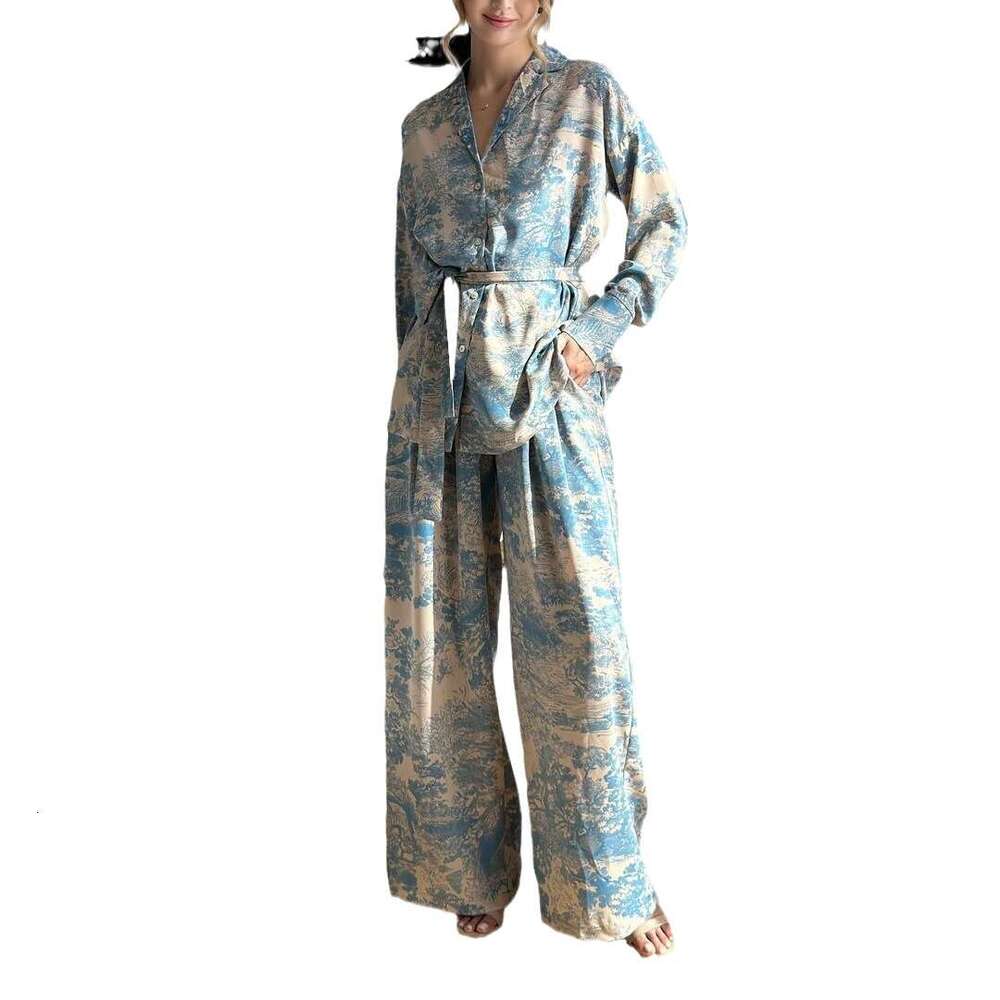 Spring Summer French Style Printed Tie Up Shirt & High Waist Wide Leg Pants Set Women Fashion Casual Two Piece Outfit Ready To Ship MAKOUFEI