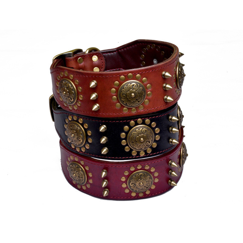 Leather large dog collars bulldog pointed stud collars suitable for medium-sized large dogs genuine leather durable pet collars brown 240923