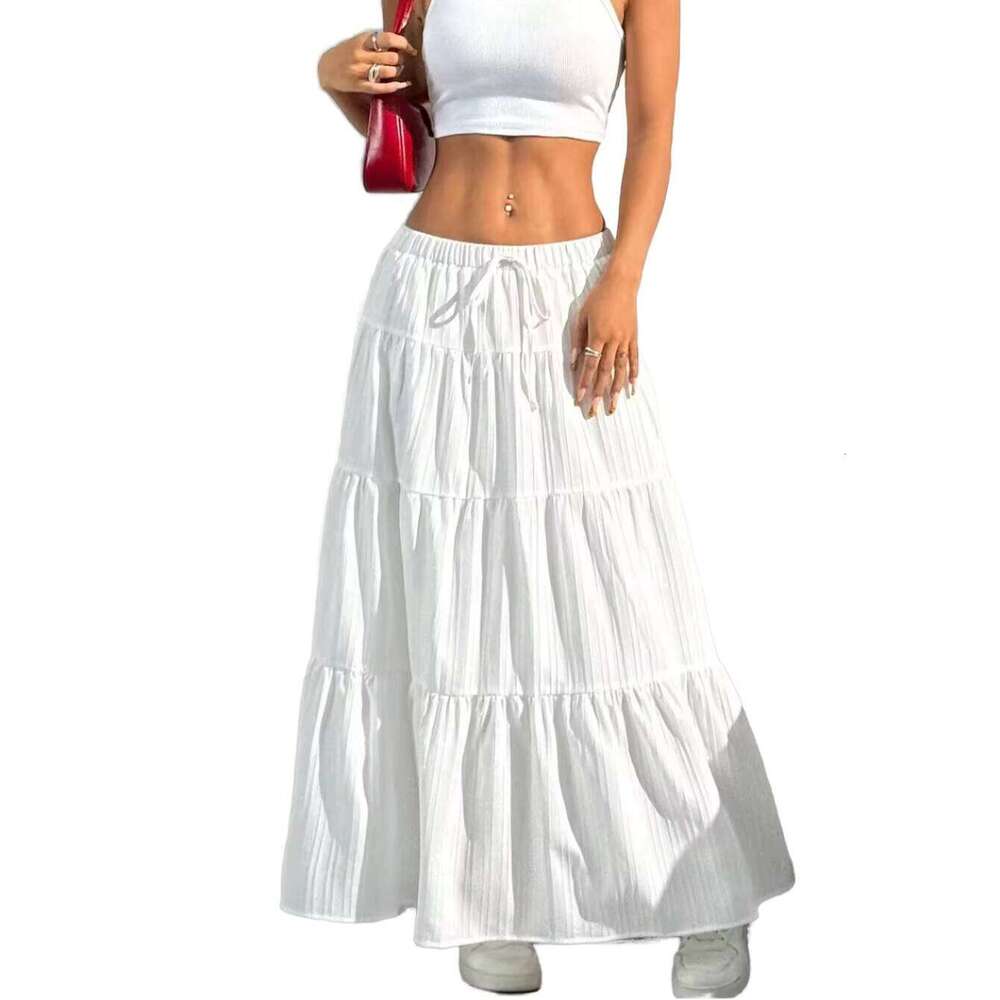 Women's Elegant Boho Maxi Spring Summer High Waist Long Skirt Elastic Solid Color Tie Ruffle Hem Breathable Chiffon