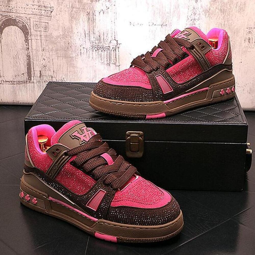 Men Rhinestone Color Block Skate Sneakers, Pink Brown Contrast Letter Embroidery Lace-up Casual Street Shoes