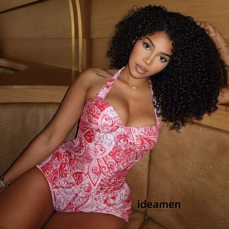 Floral print personalized womens outfit bodycon backless pants set with halter neck top and tight-fitting long pants two-piece trendy set