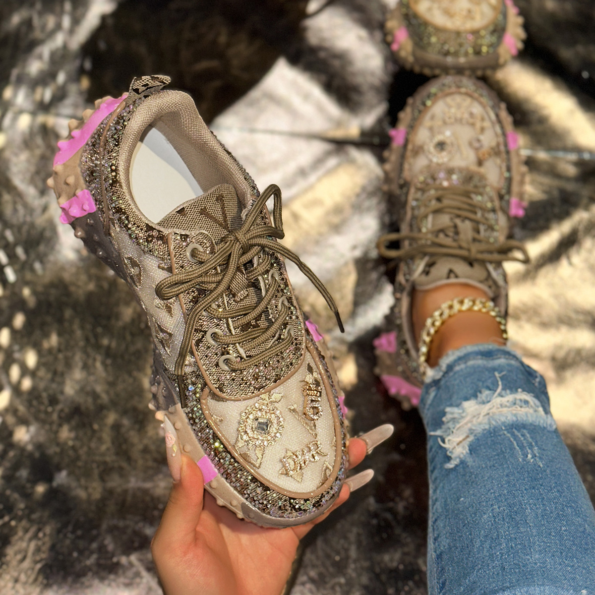 Designer Rhinestone Chunky Sneakers Sparkly Platform Dad Shoes for Women European Style Street Fashion New Summer Thick Sole Casual Sports Rhinestone 