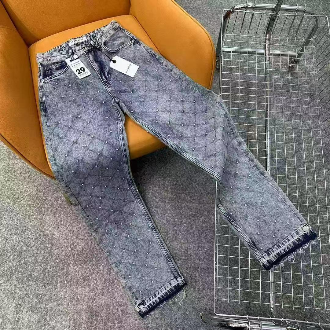 American Grid Hot Stamping Designer Loose Jeans Luxurious Men's Straight Tube Splicing Splashed Ink Micro Horn Pants Street Hip-hop Retro Youth S