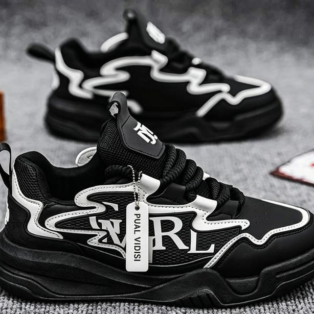 Men's new autumn versatile leather running sneakers height-increasing thick-soled dad shoes Black Chunky Sneakers Cool Silver Letter Print Casual
