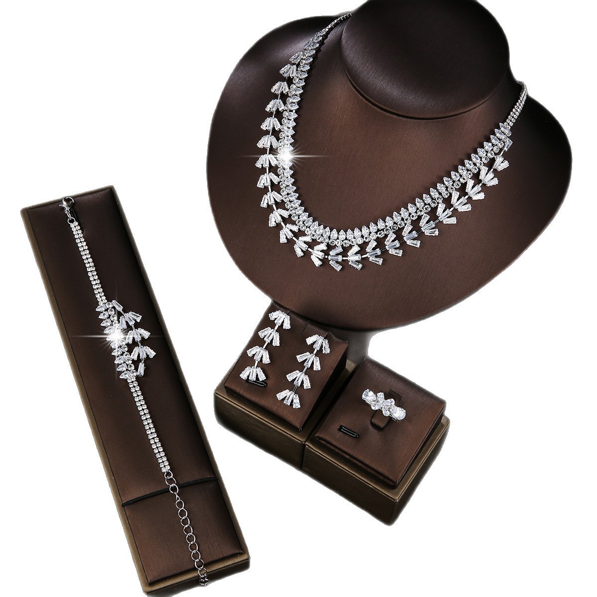 New four-piece bridal set with copper micro-inlaid zirconia wedding accessories necklace earrings bracelet ring jewelry set241007