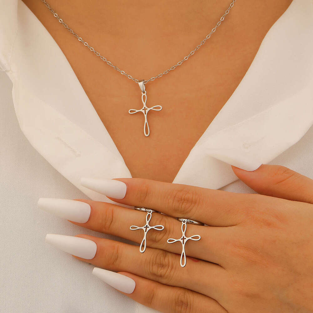 Cross-Border Cross Necklace Stainless Steel Collarbone Chain And Earring Set, Exquisite, Simple, Personalized, Versatile Daily Accessory For Women