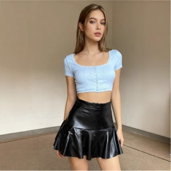 Pleated Skirt Without Lining Exposed Half PU Faux Leather Stretch DF9690 260209