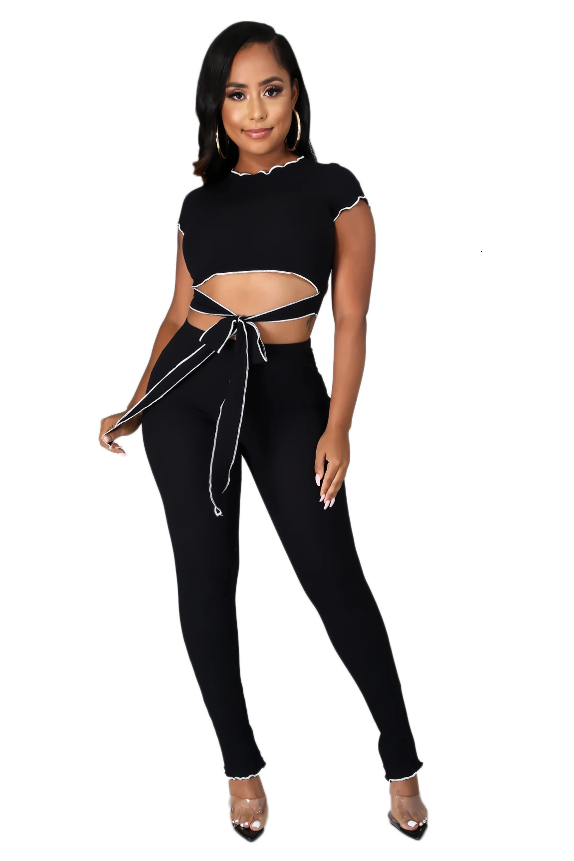 9352 Womens Casual Solid Color Cropped Two-Piece Outfit 201104