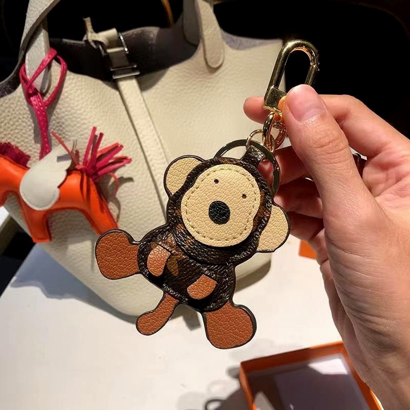 Classic Vintage Flower Bag Charms Monkey Tiger Lion Bear French Bulldog Pendant Cute Genuine Leather Car Keychain