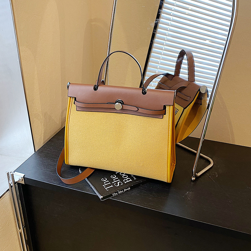 Free Shipping High Value Beige and Brown Canvas Tote Bag Color Block Design Large Capacity Casual Shoulder Crossbody Bag