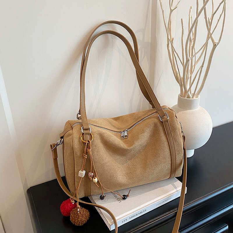 Suede 2025 Autumn and Winter Boston Pillow Women's Large Capacity Commuting Bowling Bag Shoulder Crossbody