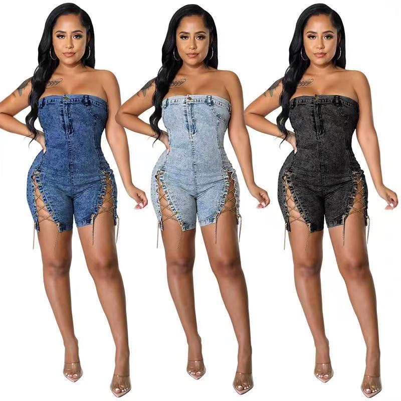 Designer Tracksuits Women Denim Two Piece Sets Spring Summer Clothes Sexy Bandage Bra Top and Short Pants Matching Sets Blue Jeans 2pcs suits 9229