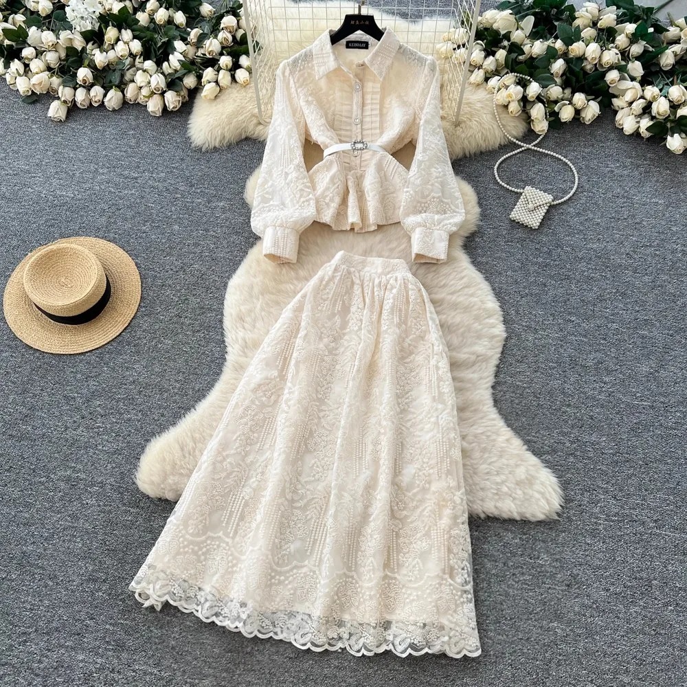 2026 Two Piece Dress Spring Autumn Elegant 2 Piece Set Overalls Dress Women Bow Collar White Shirt Top Irregular Flower Print V-Neck Vest Dress Lace