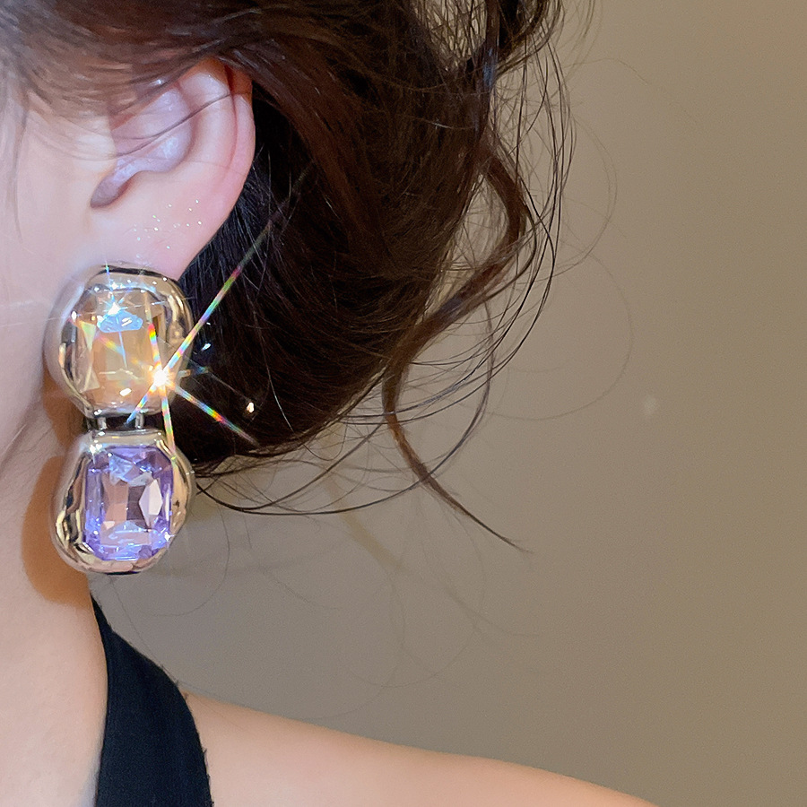 European American light luxury elegant geometric block color-blocking glass gemstone earrings, fashionable and sophisticated women's earrings - view 4